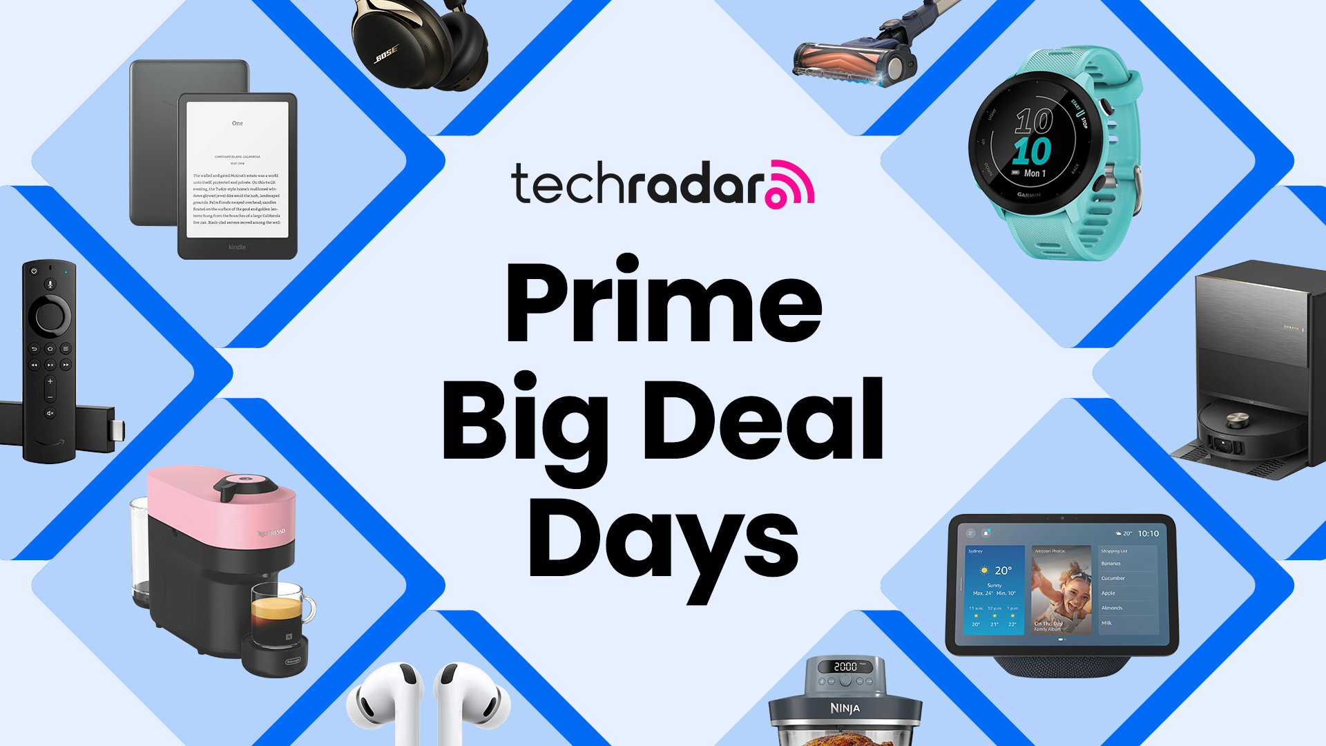 Popular electronics from Amazon, Dreame, Garmin, SharkNinja and more arranged in a diamond grid around the words Prime Big Deal Days on a blue background