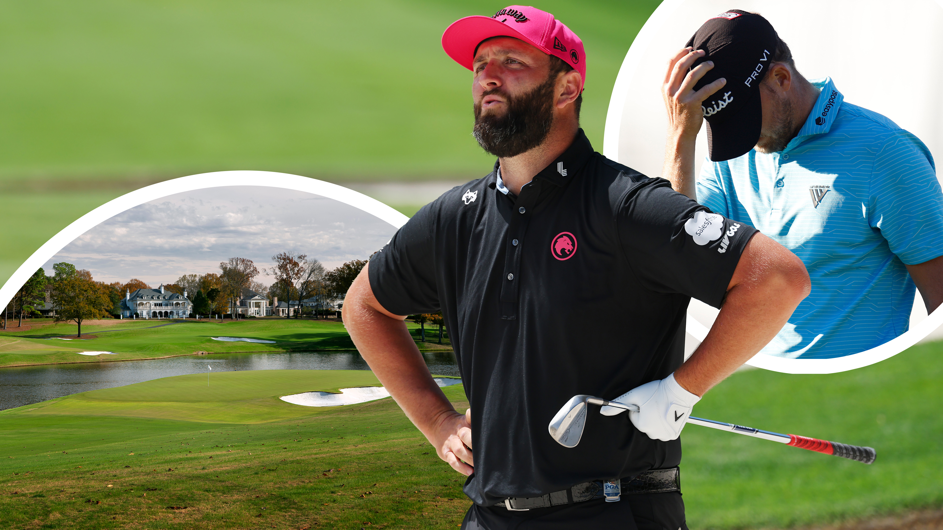 Jon Rahm reacting to a poor chip shot, with an inset image of Quail Hollow's 16th green which is surrounded by water, and another inset image of Lee Hodges with his head in his hands in despair after a difficult golf shot