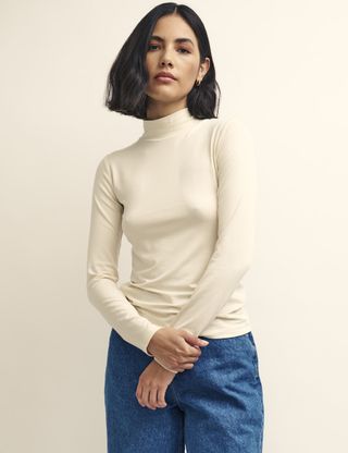 Cream Funnel Neck Long Sleeve Jersey Top