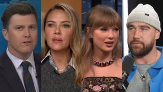 From left to right: Colin Jost on Weekend Update, Scarlett Johansson on CBS Mornings, Taylor Swift on Late Night and Travis Kelce on Not Gonna Lie.