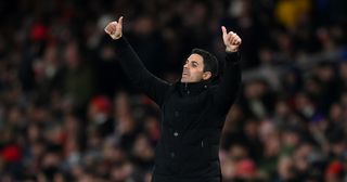 Arsenal manager Mikel Arteta gestures during the Premier League match between Arsenal FC and Manchester United at Emirates Stadium on January 22, 2023 in London, England.