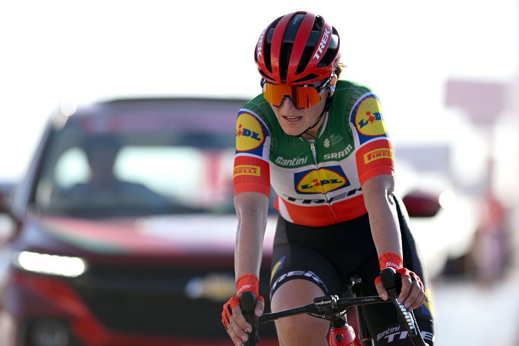 JEBEL HAFEET UNITED ARAB EMIRATES FEBRUARY 10 Elisa Longo Borghini of Italy and Team LidlTrek crosses the finish line during the 2nd UAE Tour 2024 Stage 3 a 128km stage from Police Museum Al Ain to Jebel Hafeet 1031m UCIWWT on February 10 2024 in Jebel Hafeet United Arab Emirates Photo by Dario BelingheriGetty Images