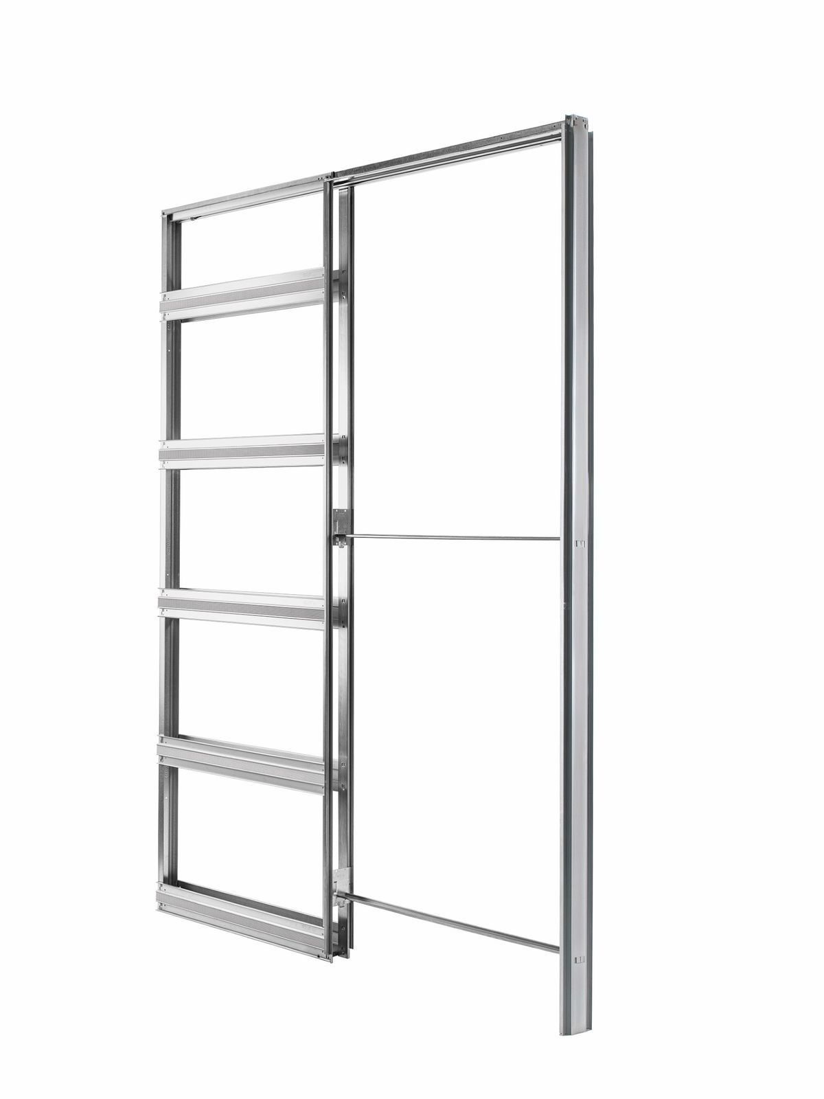 The metal frame of a pocket door