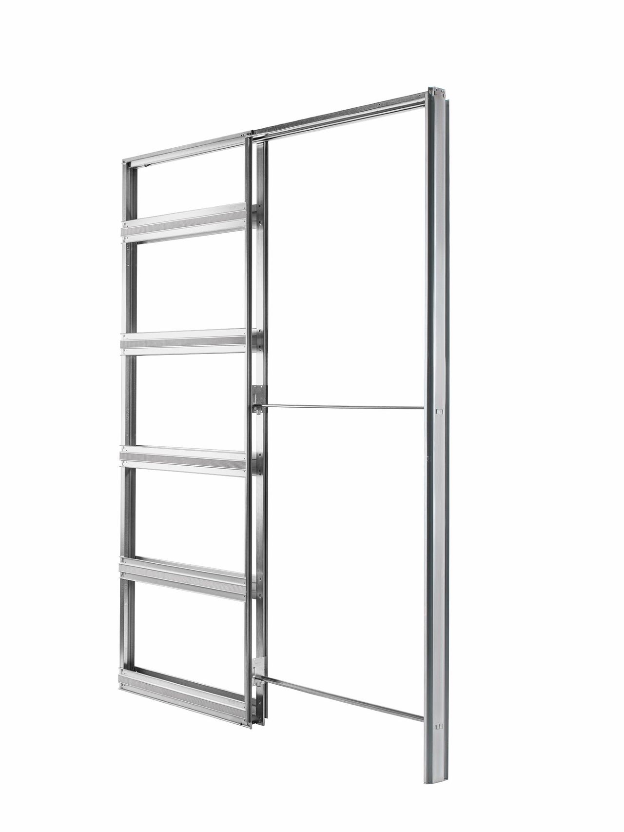 The metal frame of a pocket door