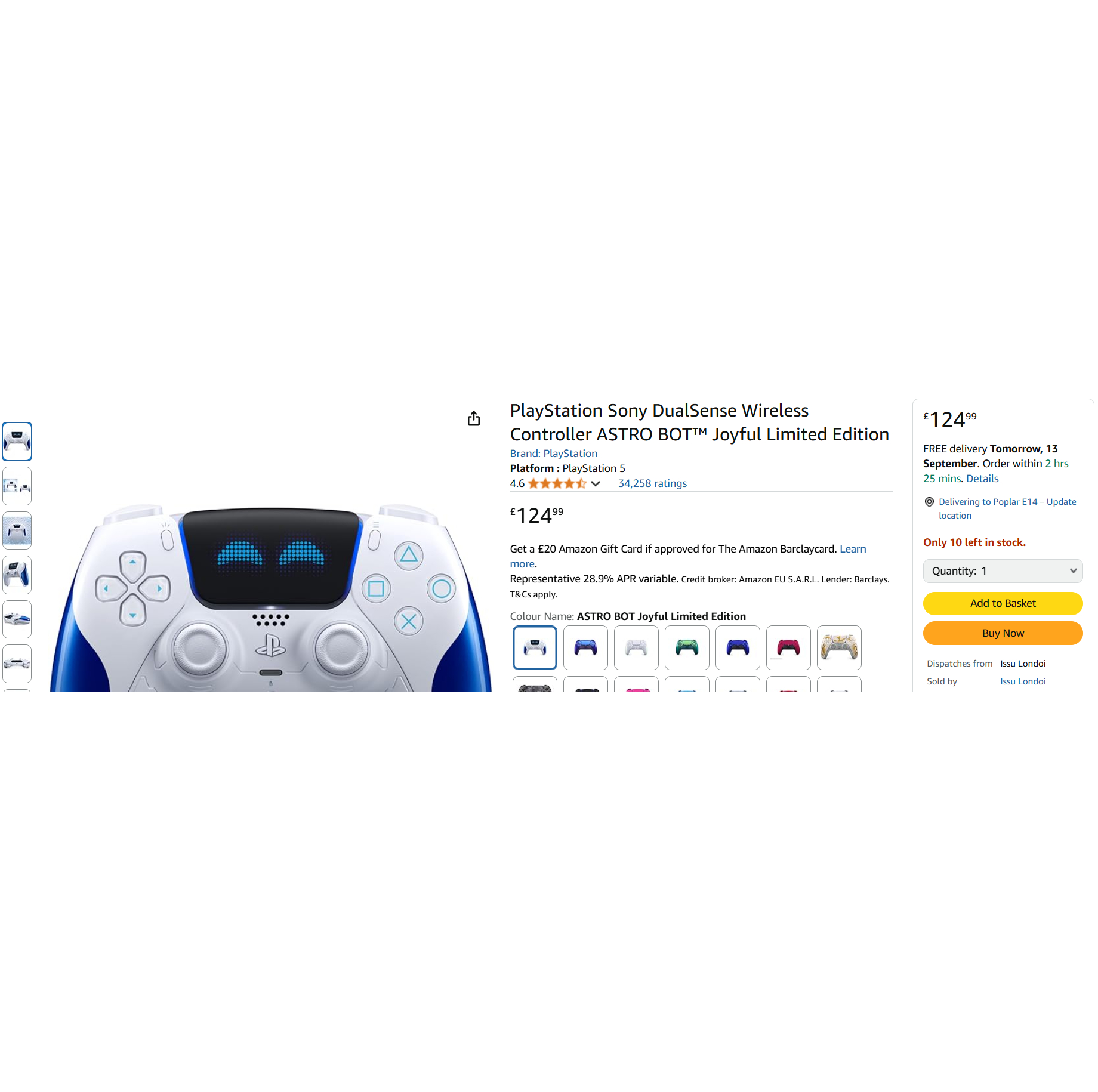 Astro Bot Joyful DualSense listing page at Amazon UK