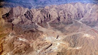 An aerial view of desert mountains