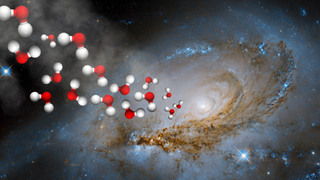 Illustration shows water molecules seen in a vapor cloud around a galaxy.