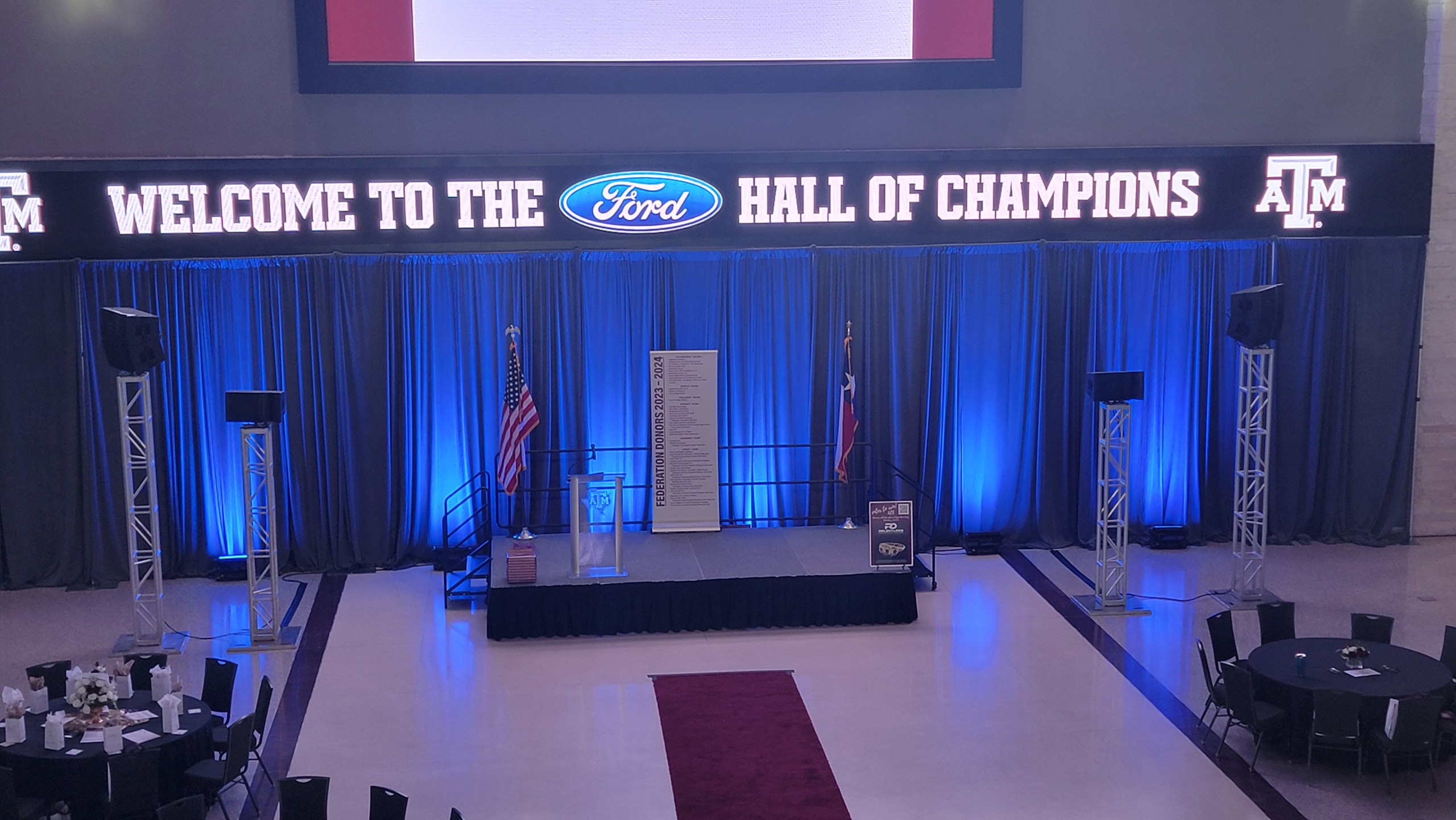 Texas A&amp;amp;M University gets amped up at an outdoor concert and its Hall of Champions.