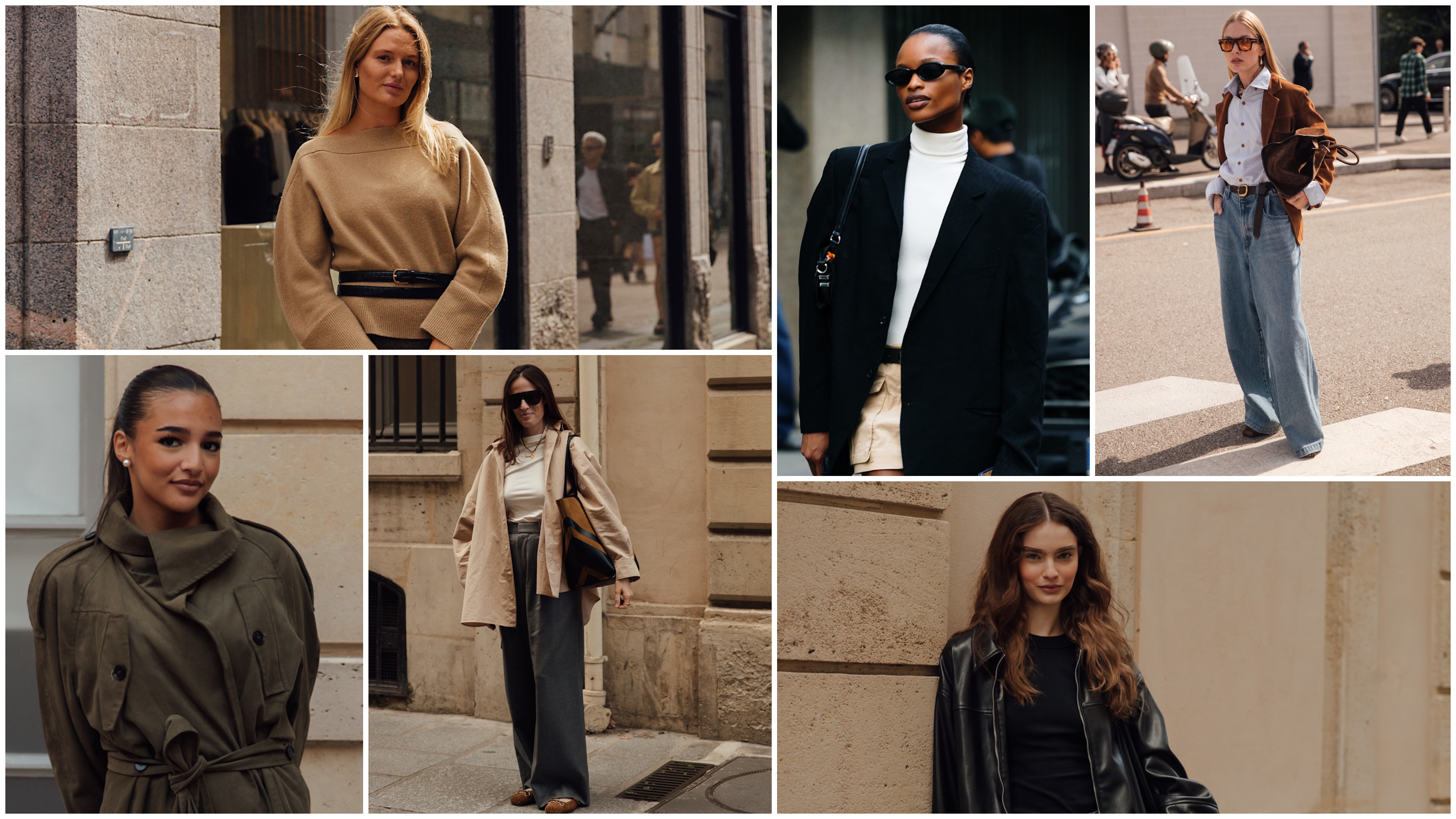 woman wearing sweater, woman wearing trenh coat, woman wearing jacket, white tee, and jeans, woman wearing blazer, white top, and skirt, woman wearing leather jacket, woman wearing suede jacket, button down and jeans