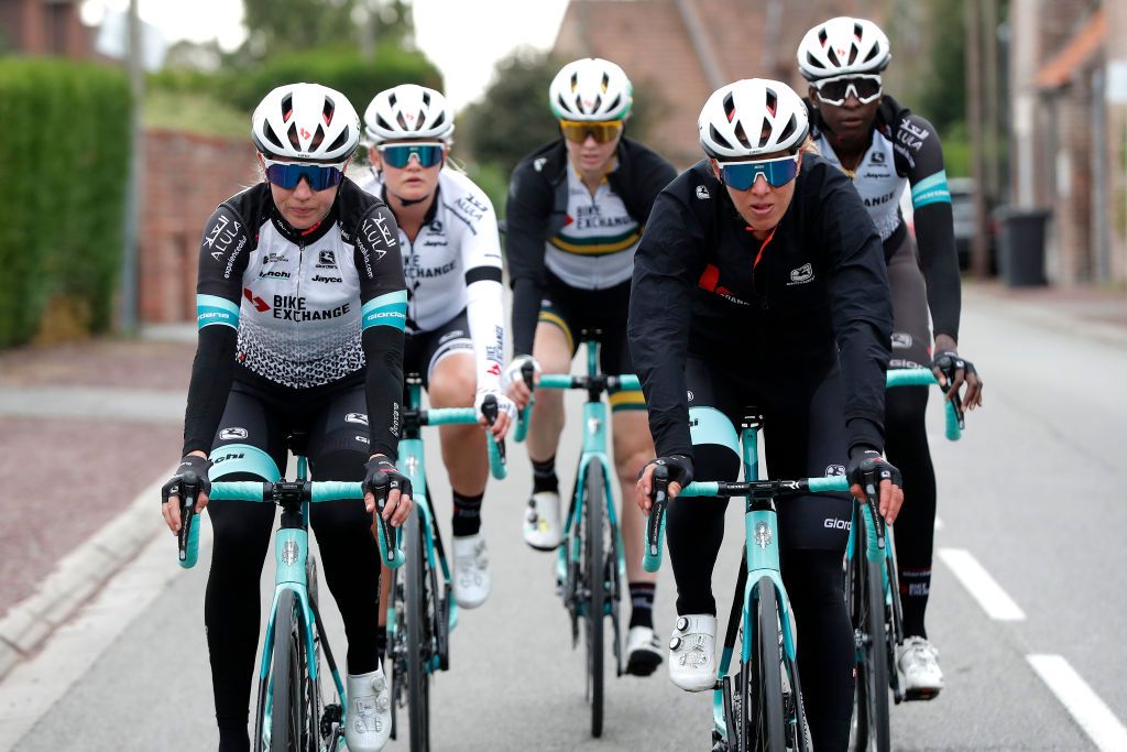 ARENBERG FRANCE SEPTEMBER 30 LR Jessica Allen of Australia and Janneke Ensing of Netherlands and Team Team Bikeexchange during the 118th Paris Roubaix 2021 Training Day 1 ParisRoubaix on September 30 2021 in Arenberg France Photo by Bas CzerwinskiGetty Images