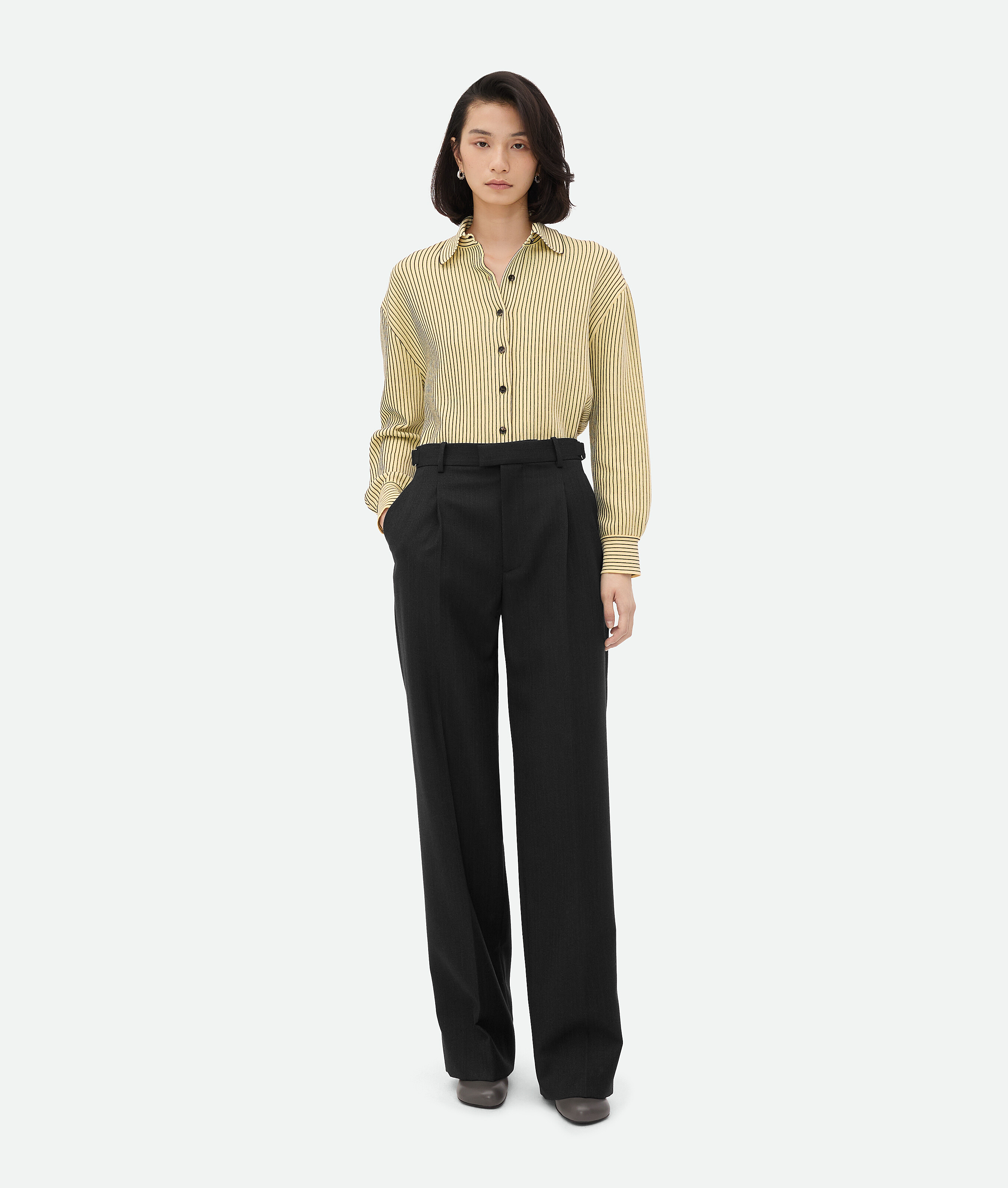 Women's Striped Wool Trousers in Black/dark Blue