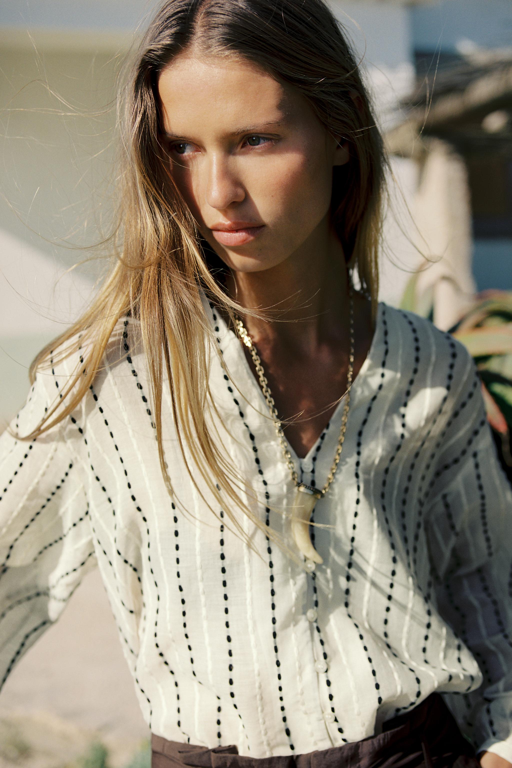 Semi-Sheer Blouse With Embroidered Stripes