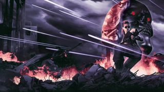 A painting of a woman stood in front of a large robot head, firing lasers