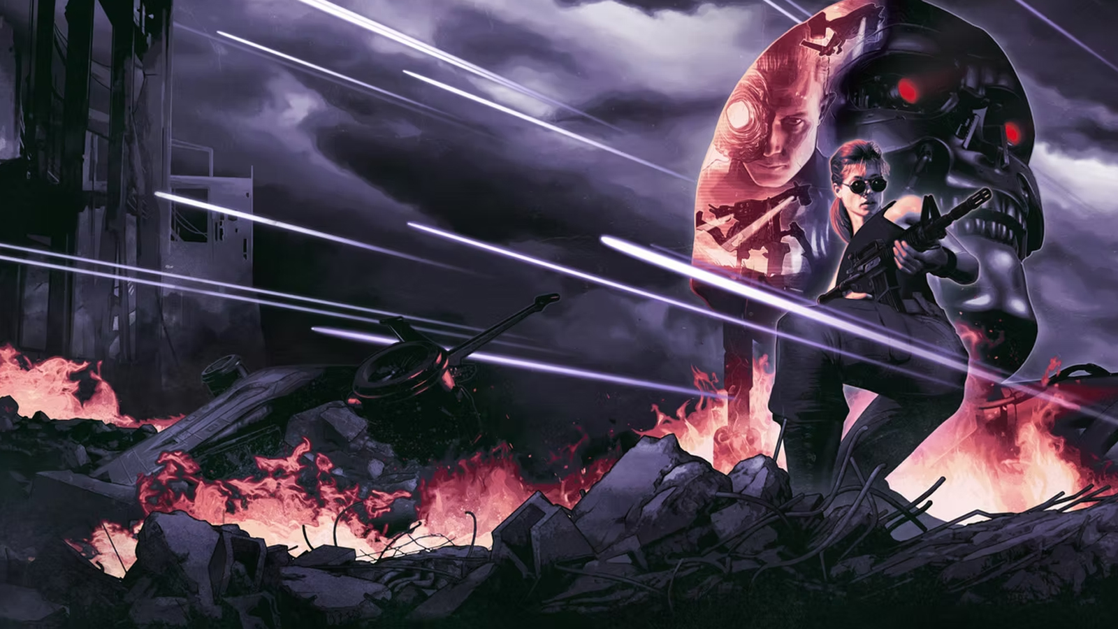 A painting of a woman stood in front of a large robot head, firing lasers