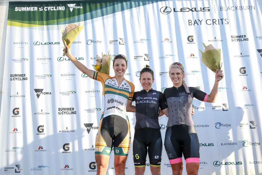 The women's elite podium on day one of the Bay Crits 2019