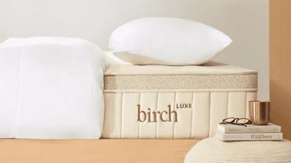 Birch Luxe Mattress on a bed with a pillow and comforter on top.