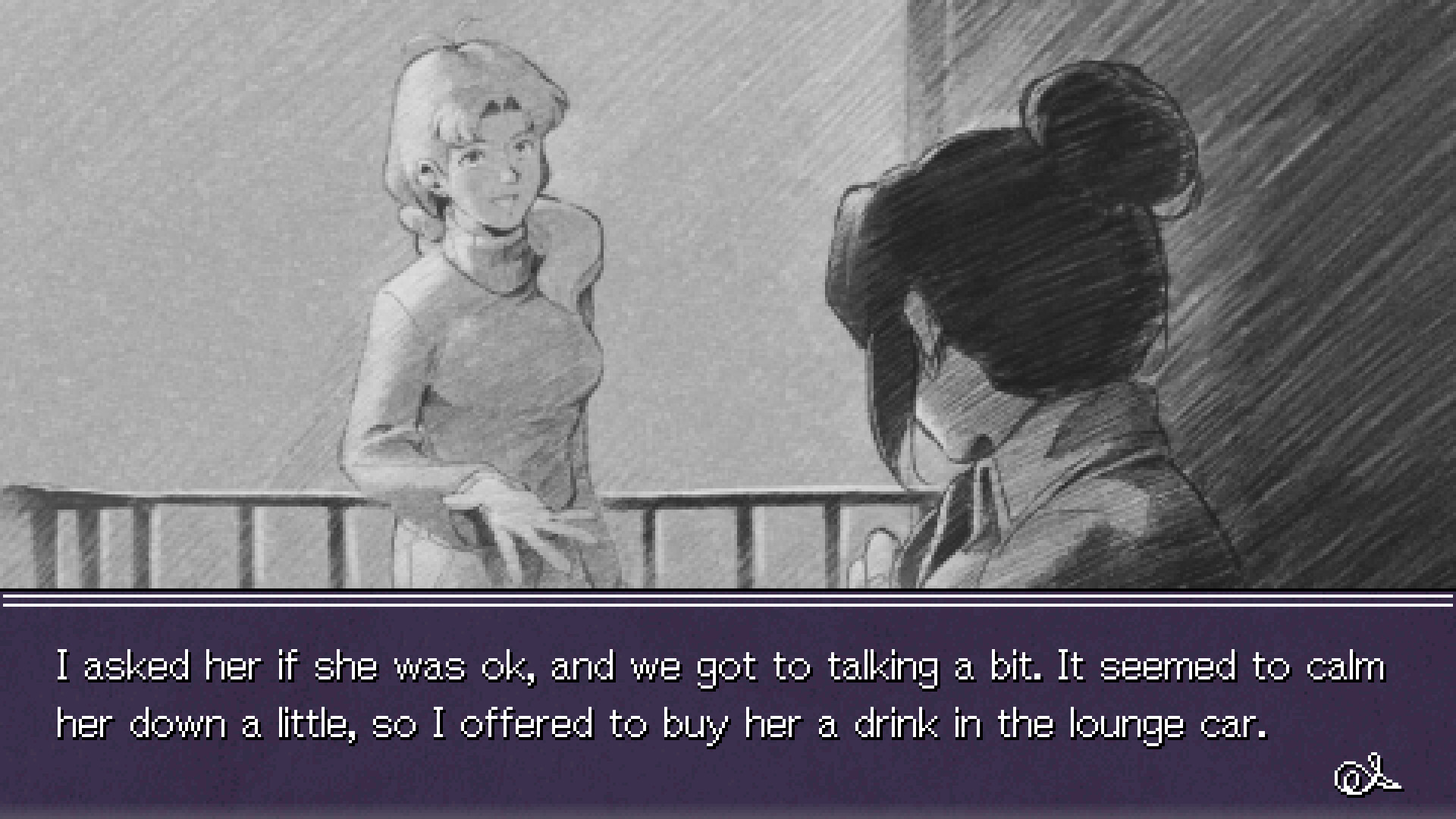 A pencil-drawn artstyle showing two women speaking to one another on a balcony