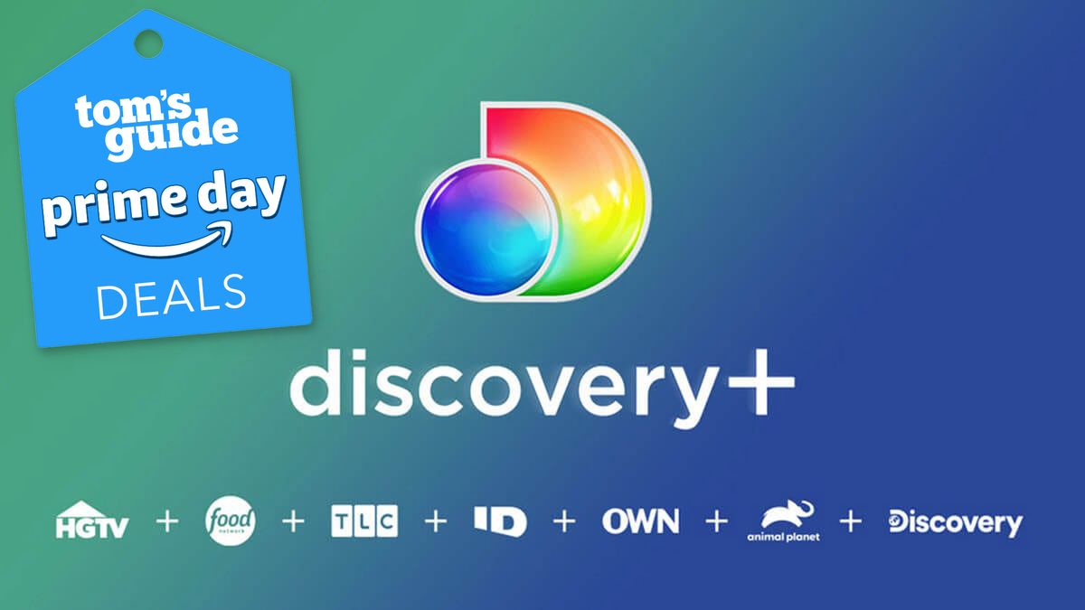 The Discovery Plus logo with a Tom&#039;s Guide Prime Day deals badge in the upper left corner