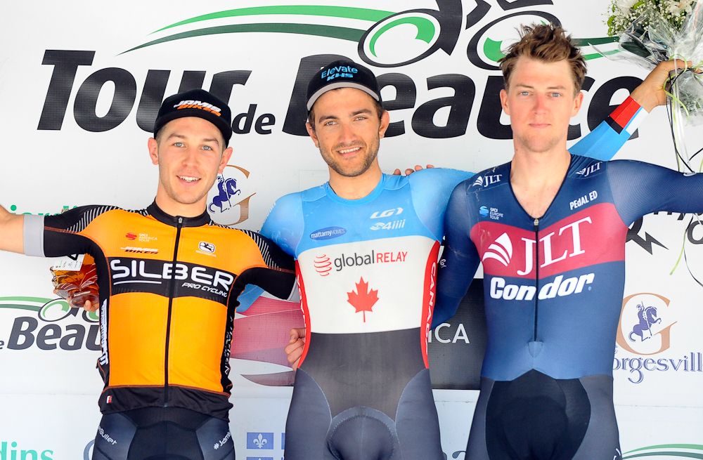 Danick Vandale, James Piccoli and Thomas Stewart on the podium for stage 4 at Tour de Beauce