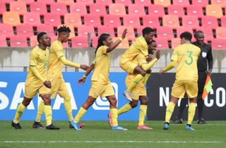 Victor Letsoalo of South Africa celebrates his goal with teammates 
