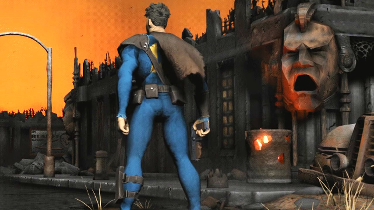 Vault Dweller facing away toward orange sky near groaning face on side of building.