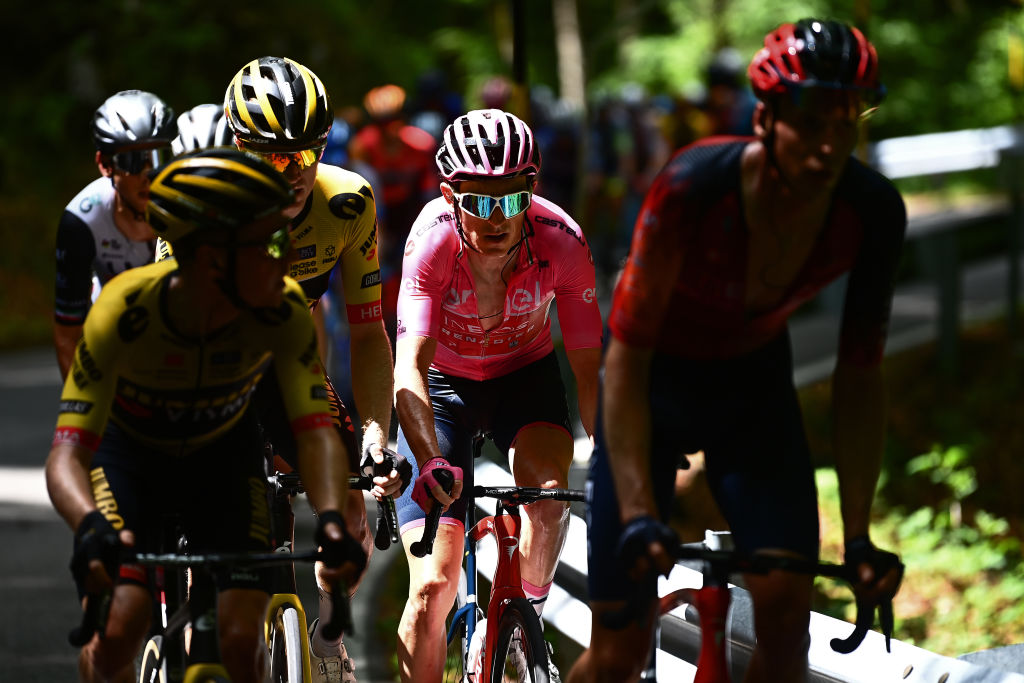 VAL DI ZOLDO PALAFAVERA ITALY MAY 25 Geraint Thomas of The United Kingdom and Team INEOS Grenadiers Pink Leader Jersey competes during the 106th Giro dItalia 2023 Stage 18 a 161km stage from Oderzo to Val di Zoldo Palafavera 1514m UCIWT on May 25 2023 in Val di Zoldo Palafavera Italy Photo by Tim de WaeleGetty Images