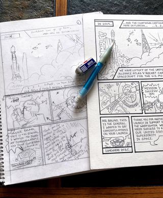 Cory Wood's sketches and inked pages for ULA's new comic book, "Ignition! The Origin Story of the Vulcan-Centaur Rocket."