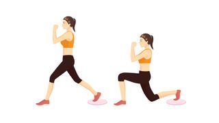 Illustrated woman lunging back into scooter exercise with exercise slider underfoot