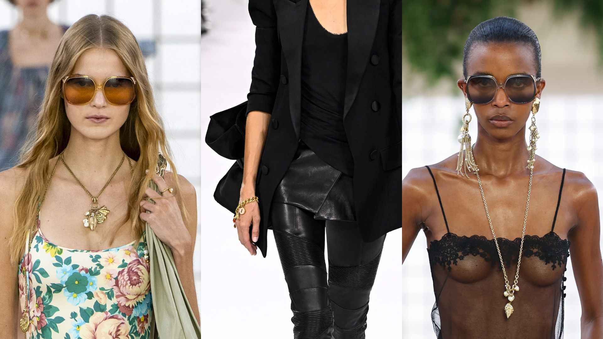 Three models wearing different kinds of charms down the spring/summer catwalk