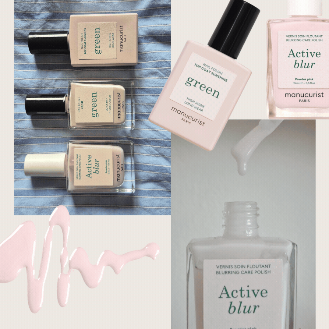 A collage featuring a picture of three Manucurist nail polishes (Active Blur, Green Polish in Creme and the Green Sunshine Top Coat) laid out on a striped blue bedspread, alongside a gif of the Active Blur polish dropping from its brush back into the bottle, and two product images of the polishes and a stock image of a pink polish spill.