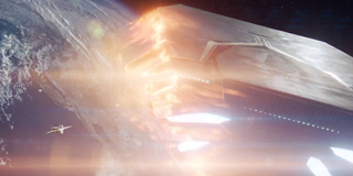 An alien ship decloaking in Earth's orbit in Captain Marvel