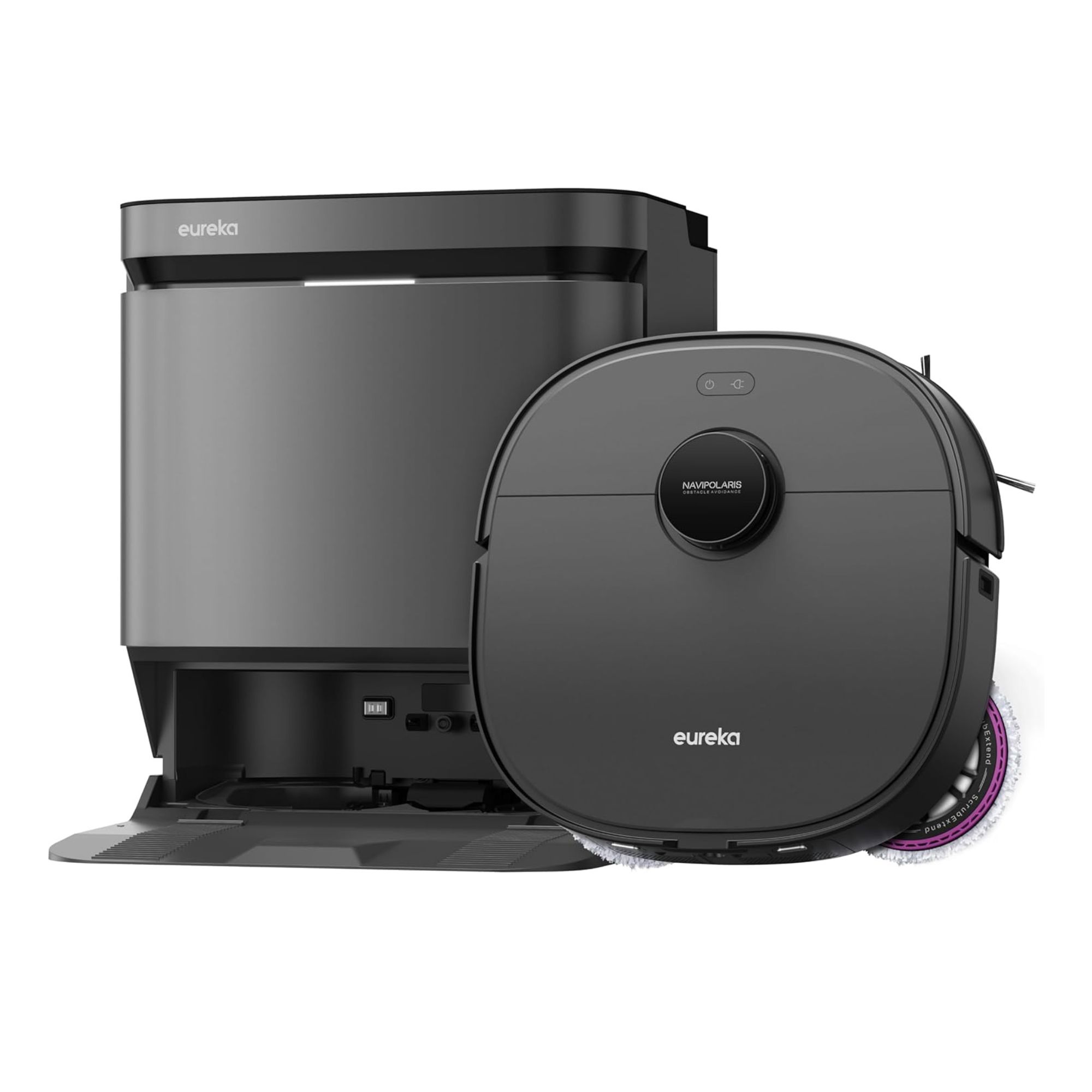 Eureka J15 Pro Ultra robot vacuum cleaner and robot vacuum cleaning base against white background.