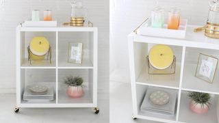 white cube storage bar cart with castors and gold detailing on top to make an IKEA kallax hack
