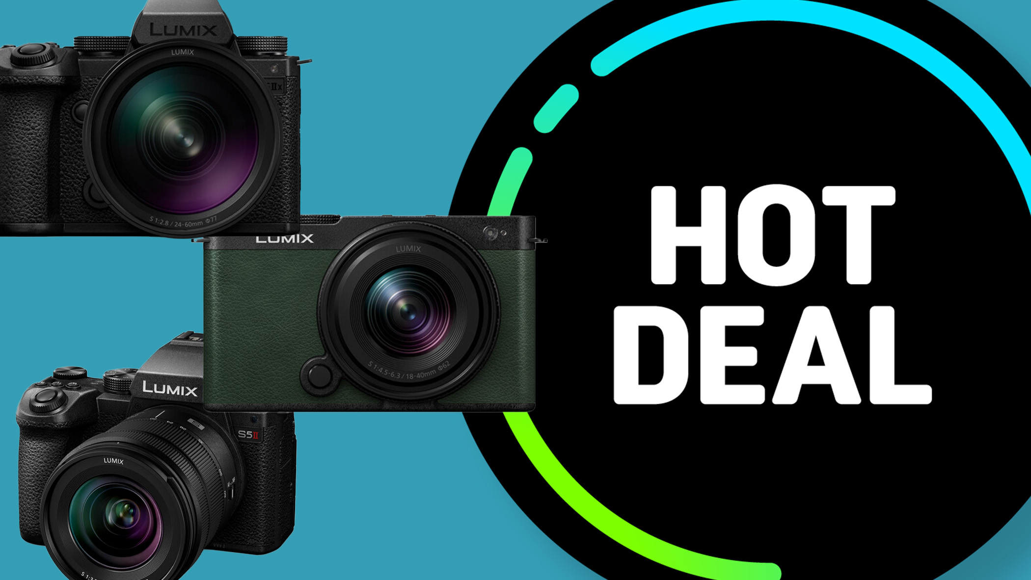 Three cameras superimposed on a blue background. There is a circle graphic with the words 'Hot Deal' written inside.
