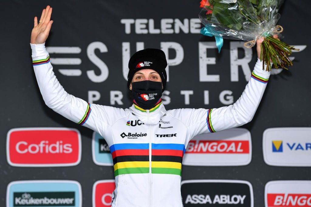 BOOM BELGIUM DECEMBER 04 Lucinda Brand of The Netherlands and Team Baloise Trek Lions celebrates at podium as race winner after the 7th Superprestige Cyclocross Boom 2021 Womens Elite SPBoom Superprestige2022 on December 04 2021 in Boom Belgium Photo by Luc ClaessenGetty Images