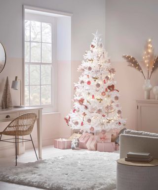 white christmas tree with pink and red decorations