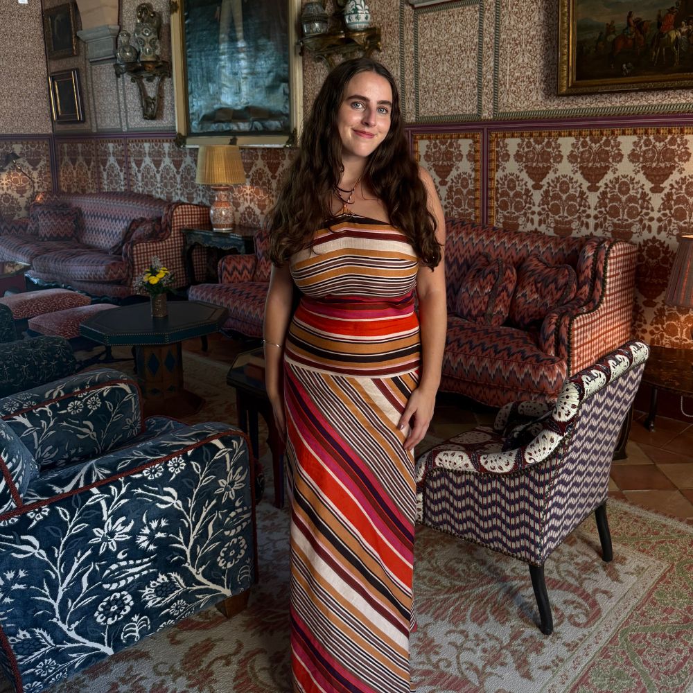 An image of fashion writer Ava Gilchrist wearing one of the best strapless bras. 