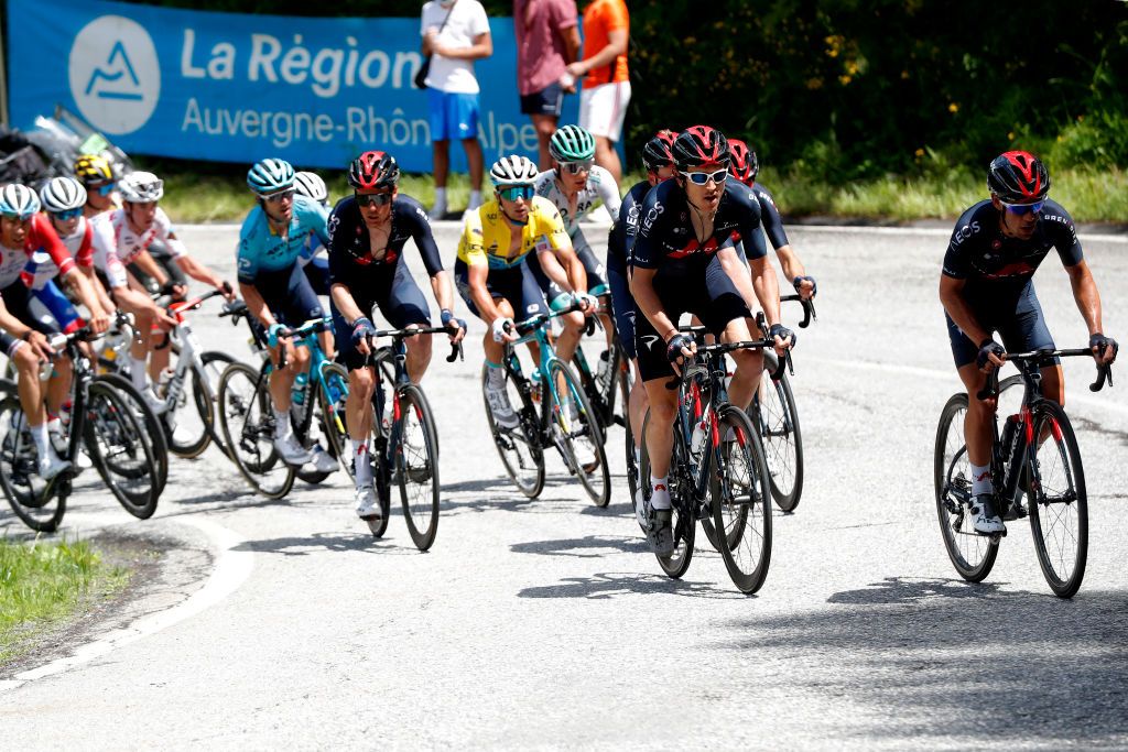 LA PLAGNE FRANCE JUNE 05 Dylan Van Baarle of Netherlands and Team INEOS Grenadiers Alexey Lutsenko of Kazahkstan and Team Astana Premier Tech Yellow Leader Jersey Geraint Thomas of The United Kingdom Richie Porte of Australia and Team INEOS Grenadiers during the 73rd Critrium du Dauphin 2021 Stage 7 a 1715km stage from SaintMartinLeVinoux to La Plagne 2072m UCIworldtour Dauphin dauphine on June 05 2021 in La Plagne France Photo by Bas CzerwinskiGetty Images