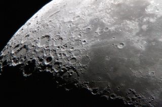Imelda Joson and Edwin Aguirre were able to zoom in on the moon's surface by switching the eyepiece in their Takahashi FS-78 refractor from 18 mm. to 7.5 mm. This close-up view of the moon's rugged, densely cratered southern highlands, along the terminator or boundary of the moon's day and night sides, features the 225-kilometer-wide Clavius (largest crater at far left). To its lower right is the crater Maginus (163 km), partly hidden in shadow. The smooth, dark lunar "sea" below right of center is called Mare Nubium (Latin for "Sea of Clouds").