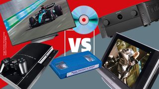 Various TV and home cinema products on a grey and red background