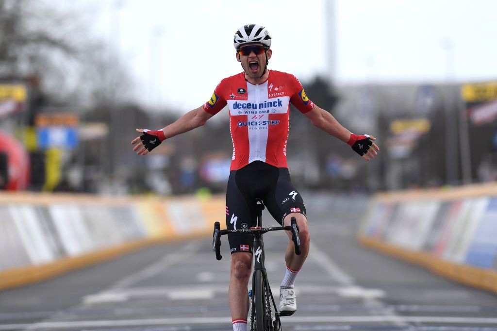 HARELBEKE BELGIUM MARCH 26 Arrival Kasper Asgreen of Denmark and Team Deceuninck QuickStep Celebration during the 64th E3 Saxo Bank Classic 2021 a 2039km race from Harelbeke to Harelbeke E3SaxobankClassic on March 26 2021 in Harelbeke Belgium Photo by Tim de WaeleGetty Images