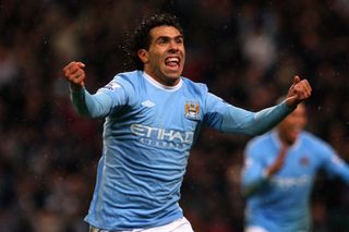 Carlos Tevez celebrates after scoring for Manchester City against Chelsea in December 2009.