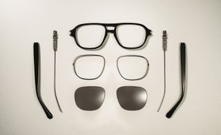 The individual pieces of a pair of sunglasses with a black frame laid out on a white surface.