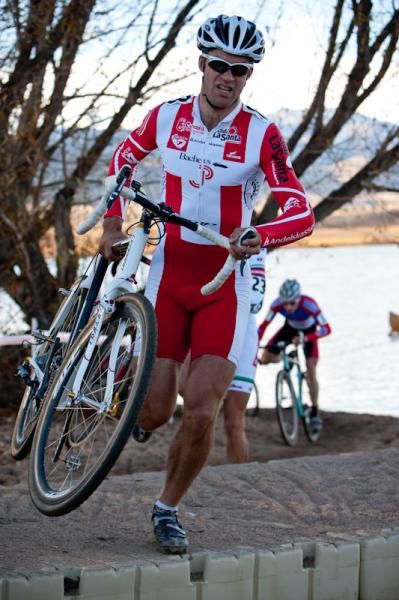 Joachim Parbo (Leopard Cycles) attacks the dock down by the beach.