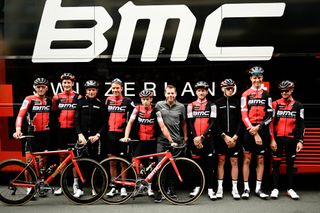 Cadel Evans poses for a photo with the BMC Racing Team before the start of the 2017 Tour de France