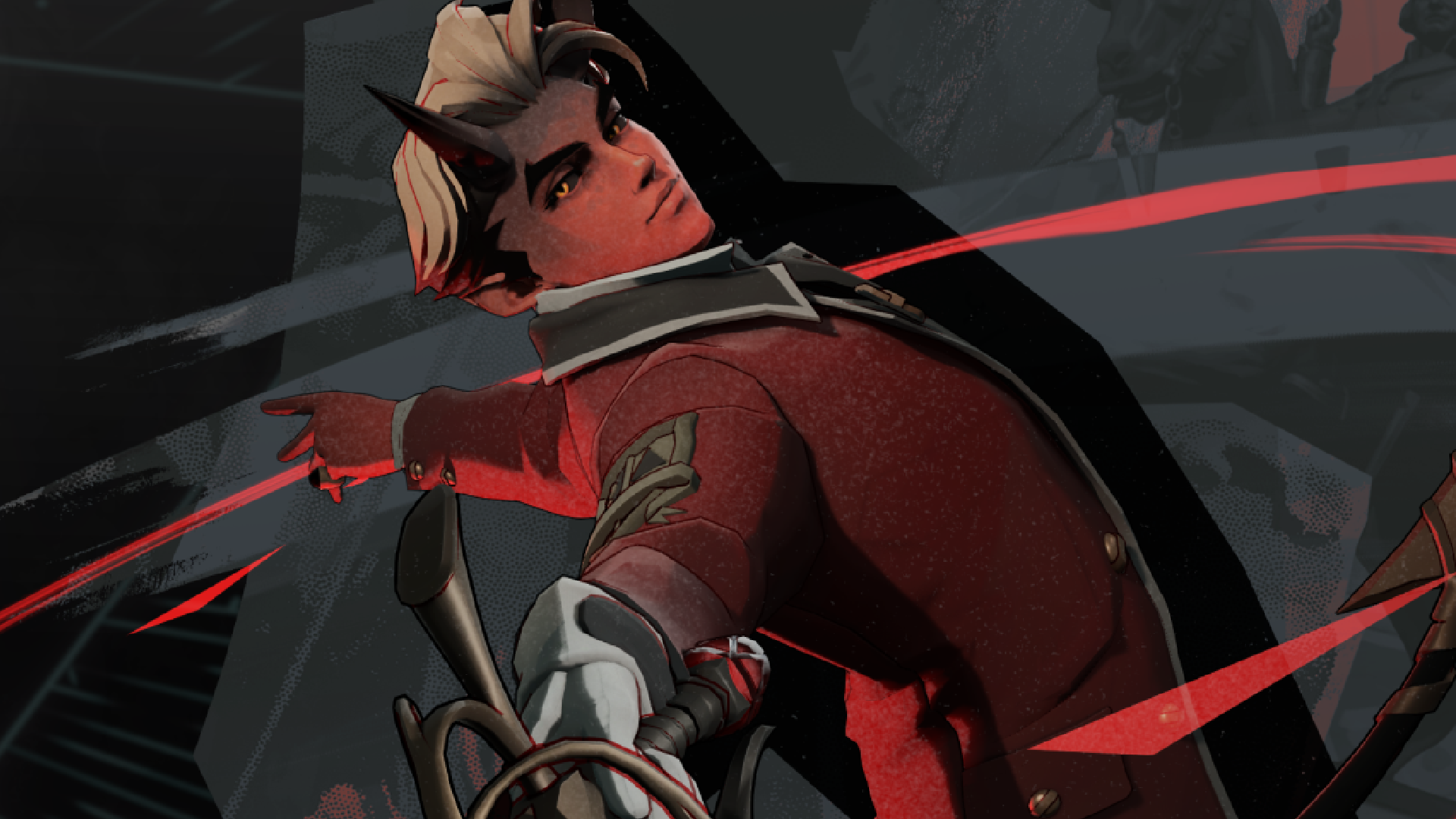 Apollo from Deadlock, brandishing his rapier in a fencer's stance.