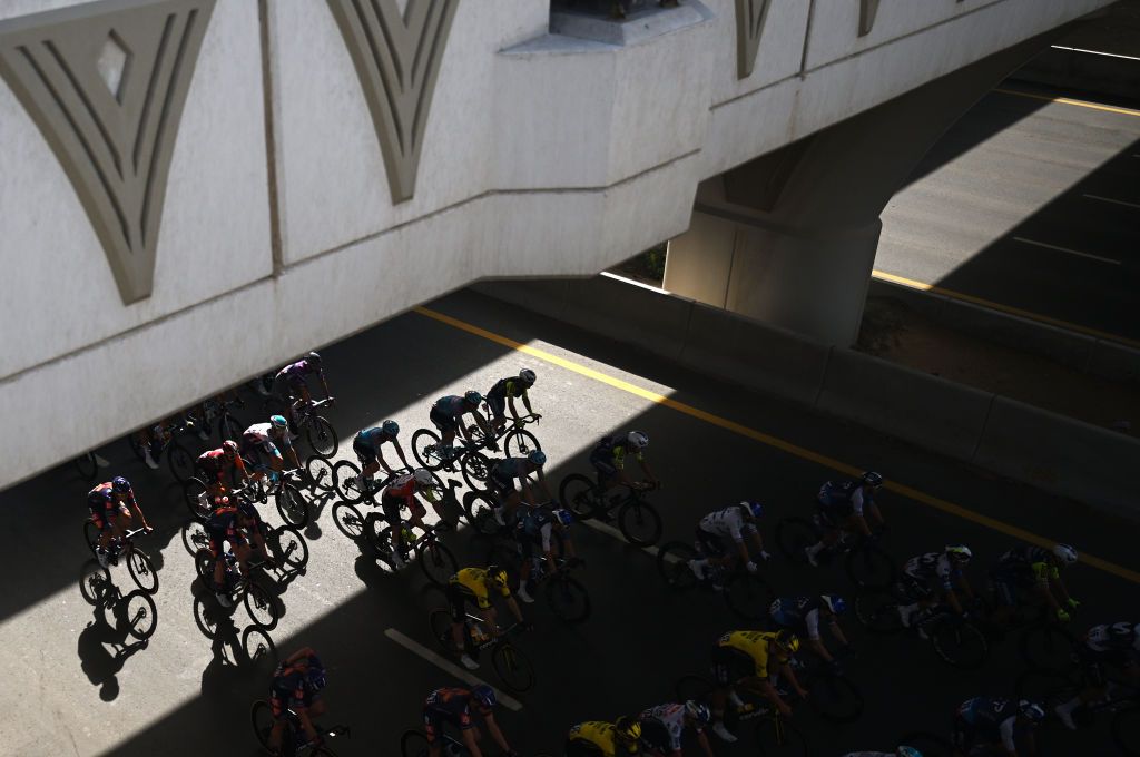 DUBAI UNITED ARAB EMIRATES FEBRUARY 21 A general view of the peloton competing during the 7th UAE Tour 2025 Stage 5 a 160km stage from American University Dubai to American University Dubai UCIWWT on February 21 2025 in Dubai United Arab Emirates Photo by Dario BelingheriGetty Images