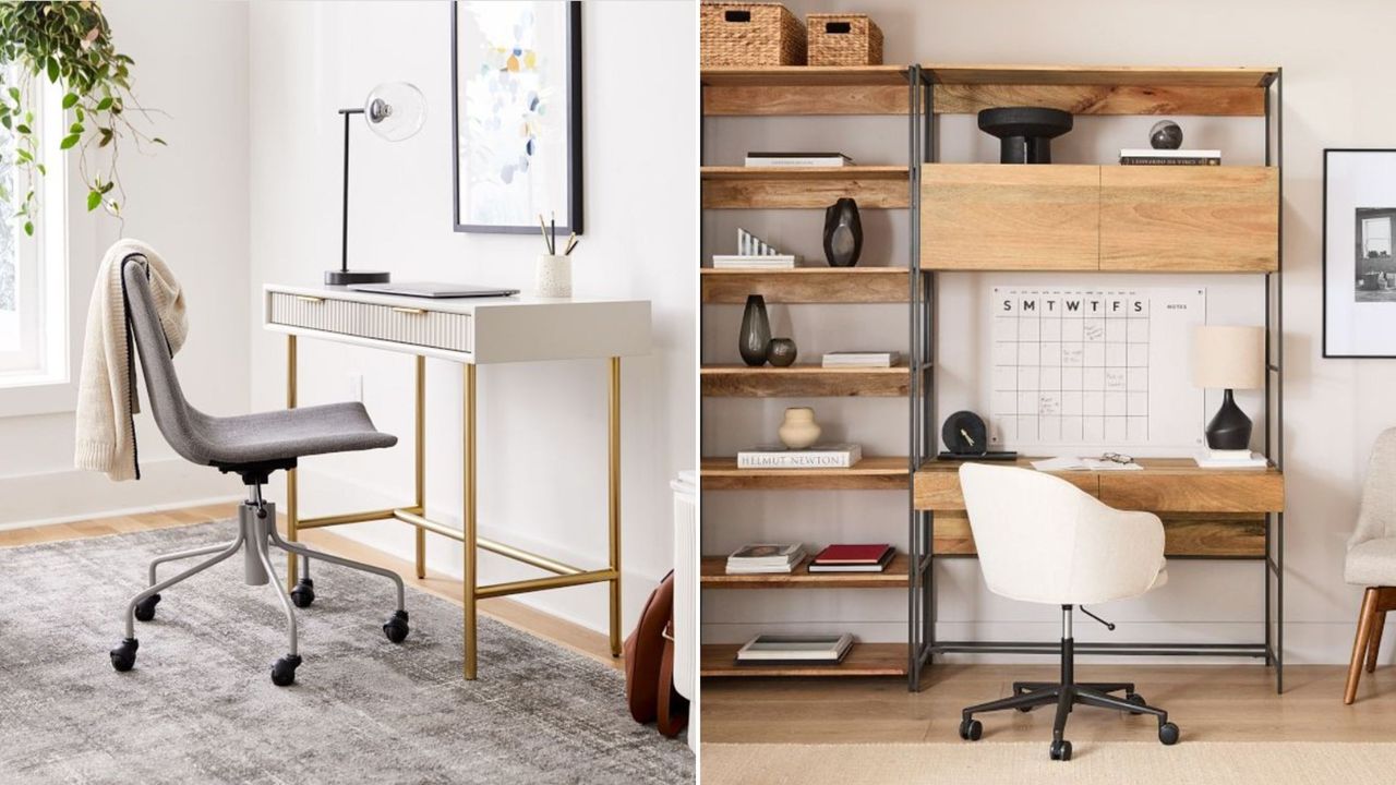 Two pictures of desks in small office spaces: one of a white desk with a gray chair and one of a tall wooden bookcase next to a white chair