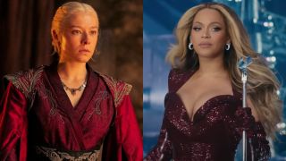 Emma D&#039;Arcy as Rhaenyra looking shocked in House of the Dragon and Beyoncé wearing a red dress and holding a mic stand in RENAISSANCE: A FILM BY BEYONCÉ.