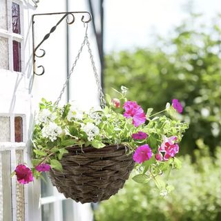 Terrastyle 35cm Rattan Hazel Hanging Basket - Set of 2 hanging on the wall of a house with a metal bracket